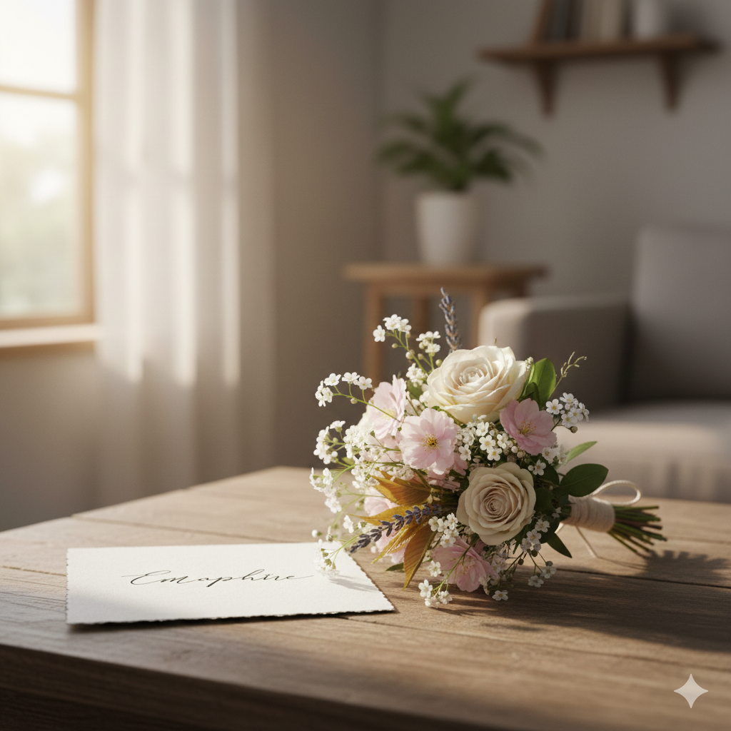 Bouquet of flowers and card on a wooden table in a cozy room.