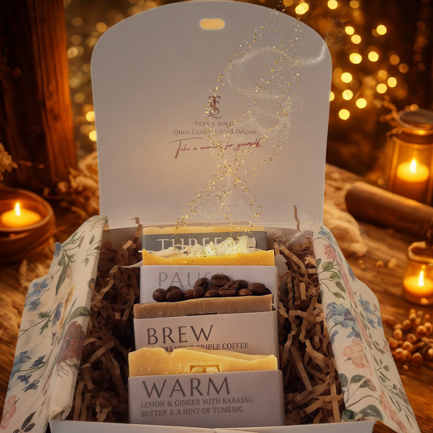 Open gift box with four soaps on a warm, blurred background with lights.