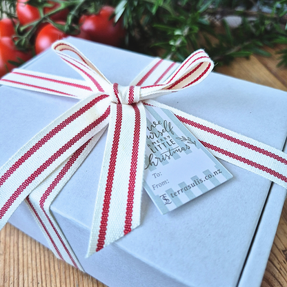 Gift wrapped in white/blue box with a red and white striped bow, on a wooden surface with greenery in the background.