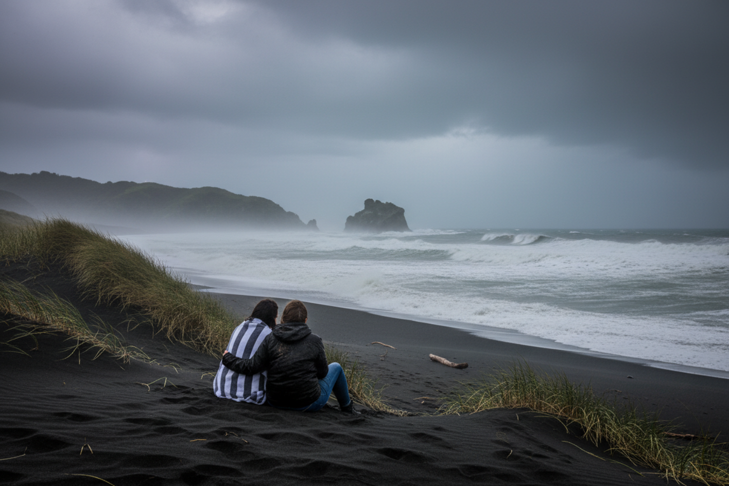 Two people sitting on a black sand beach with a dark, stormy sky and ocean.