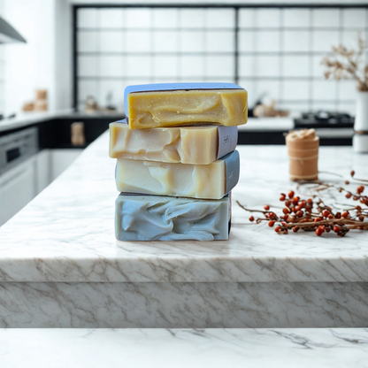 Stack of four soap bars on a marble countertop with a kitchen background. one blue, one white, one cream, and one yellow